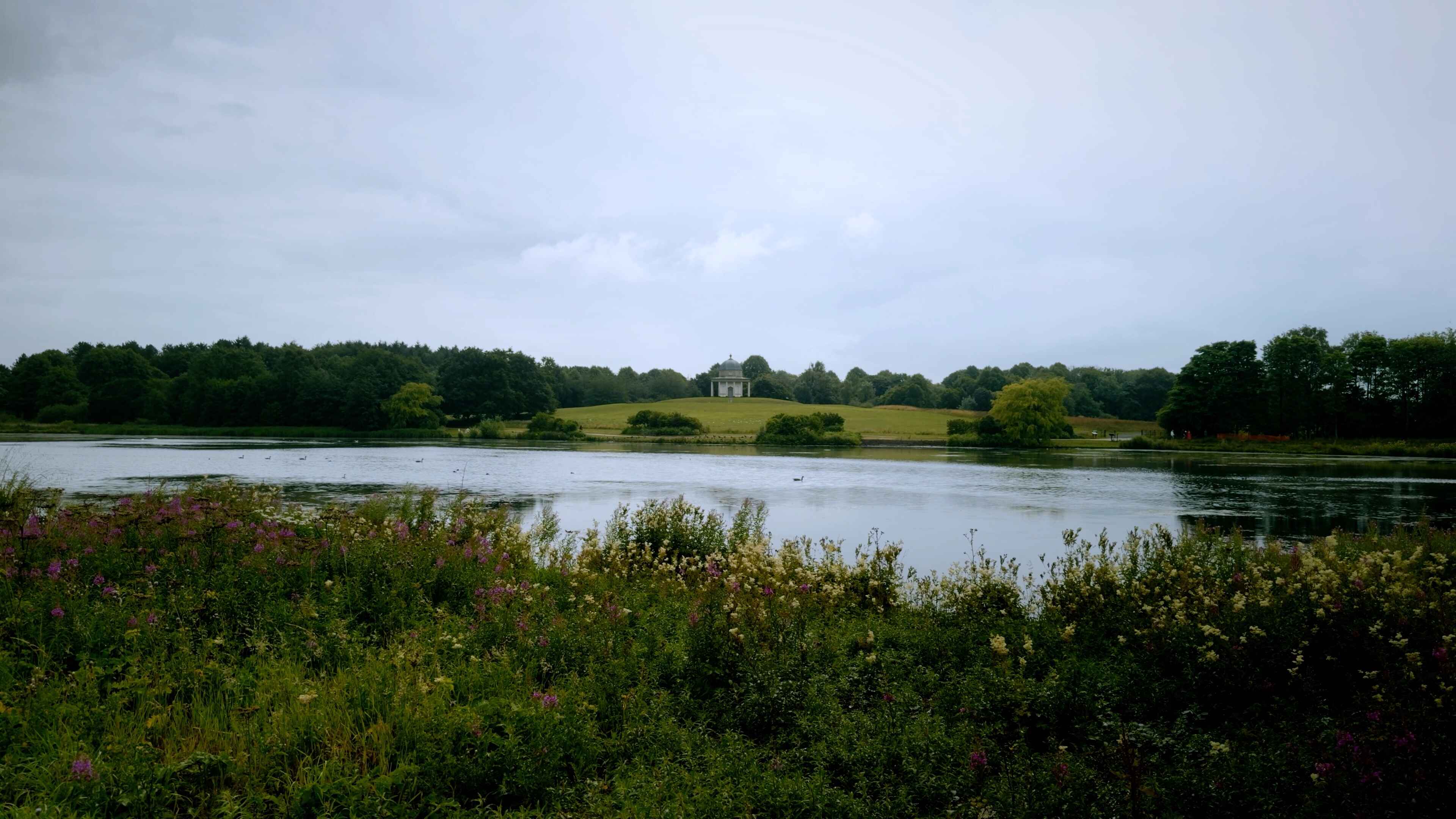A temple in the backdrop with a lake and flowery foliage in the foreground