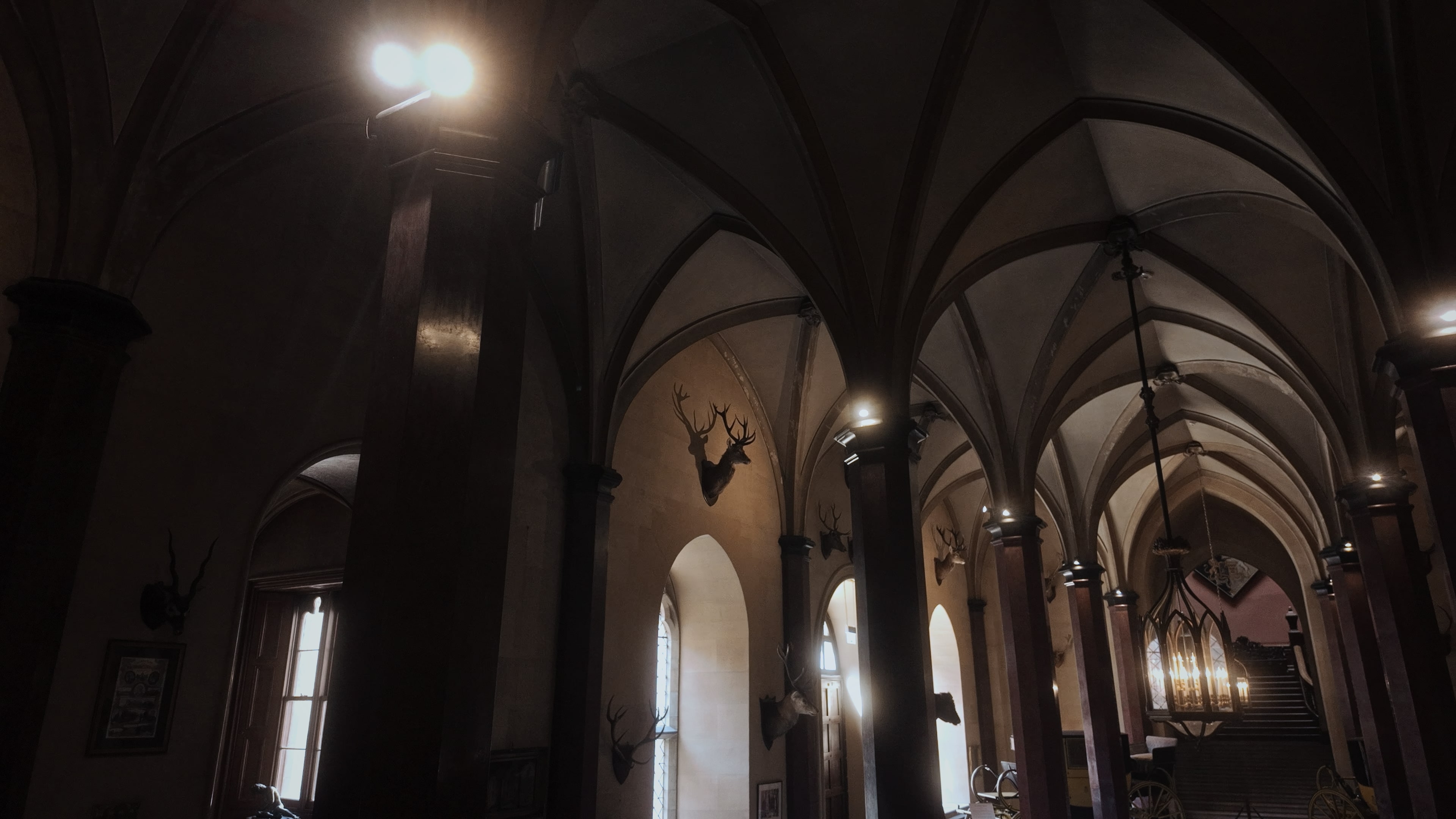 Pillars and deer head mounts in a large hallway