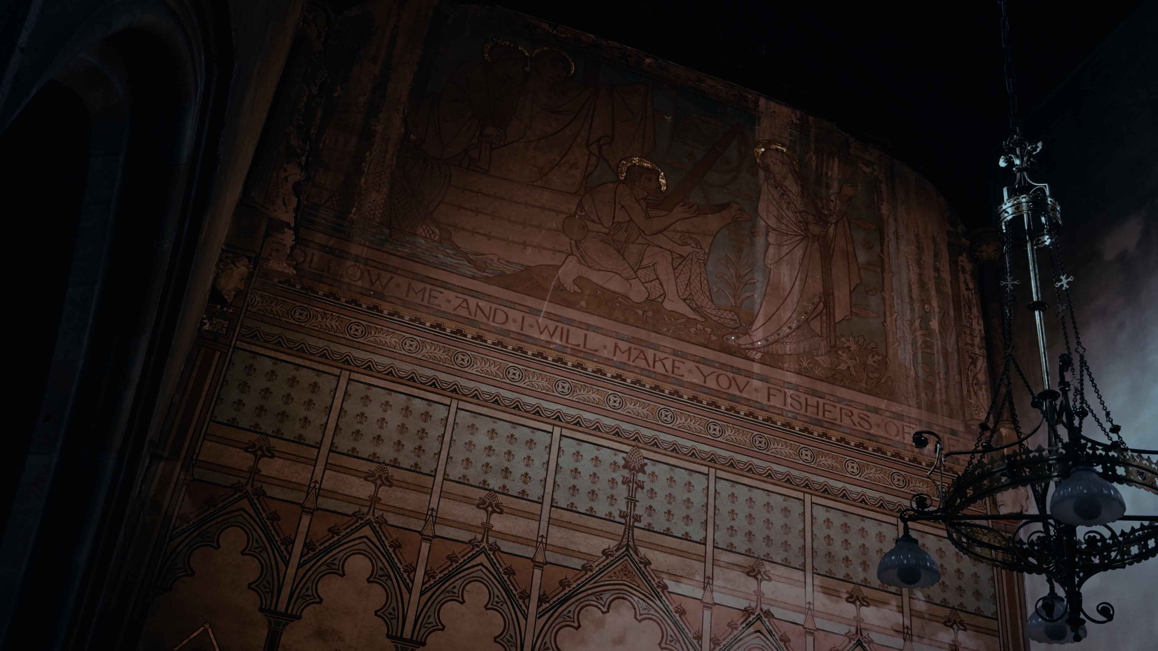 The quote 'follow me and I will make you fishers of men' with an artistic depiction of Jesus and his disciples above it