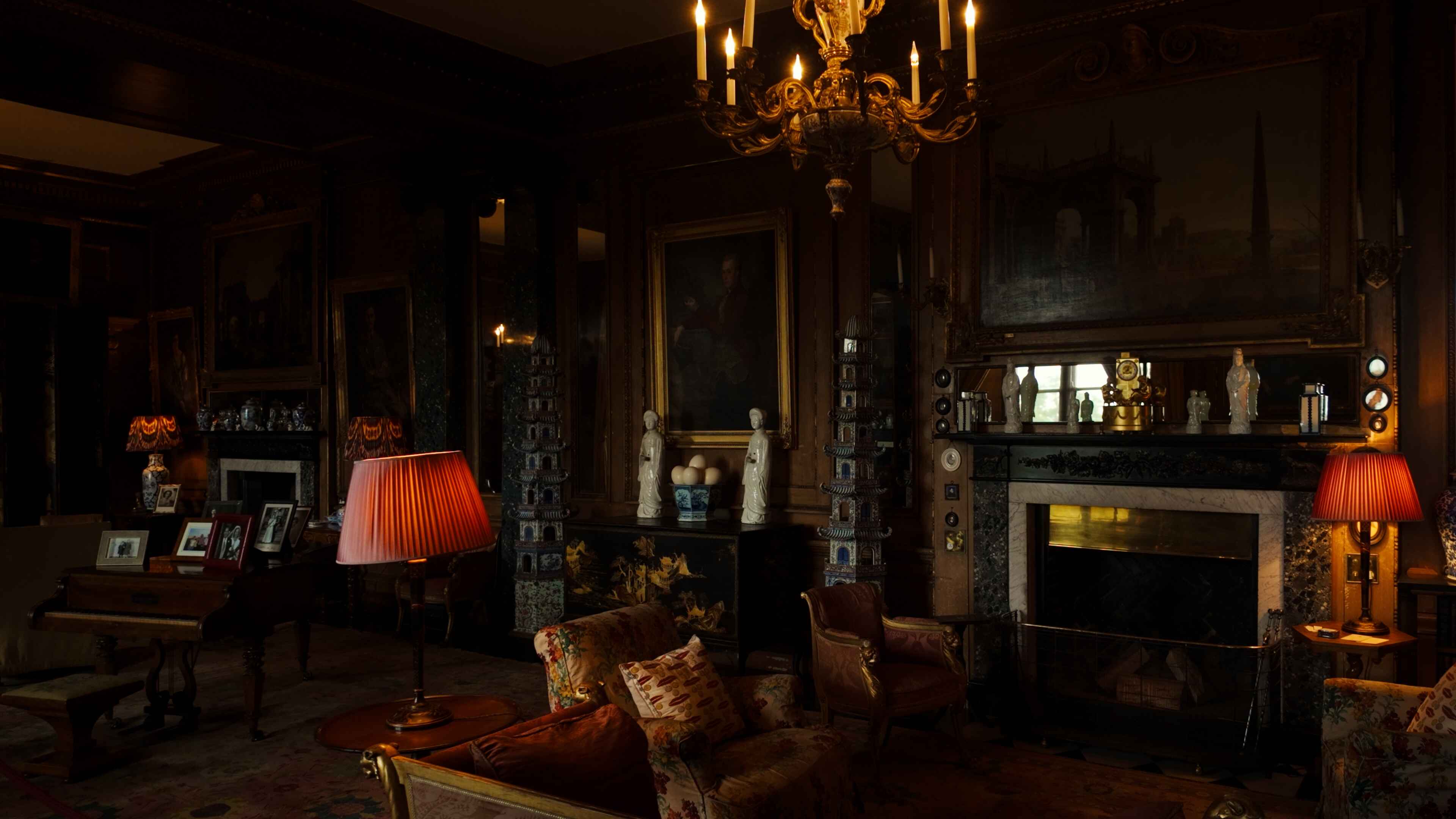 A grand drawing room in a castle, featuring ornate furnishings, rich tapestries, and large windows with elegant drapes